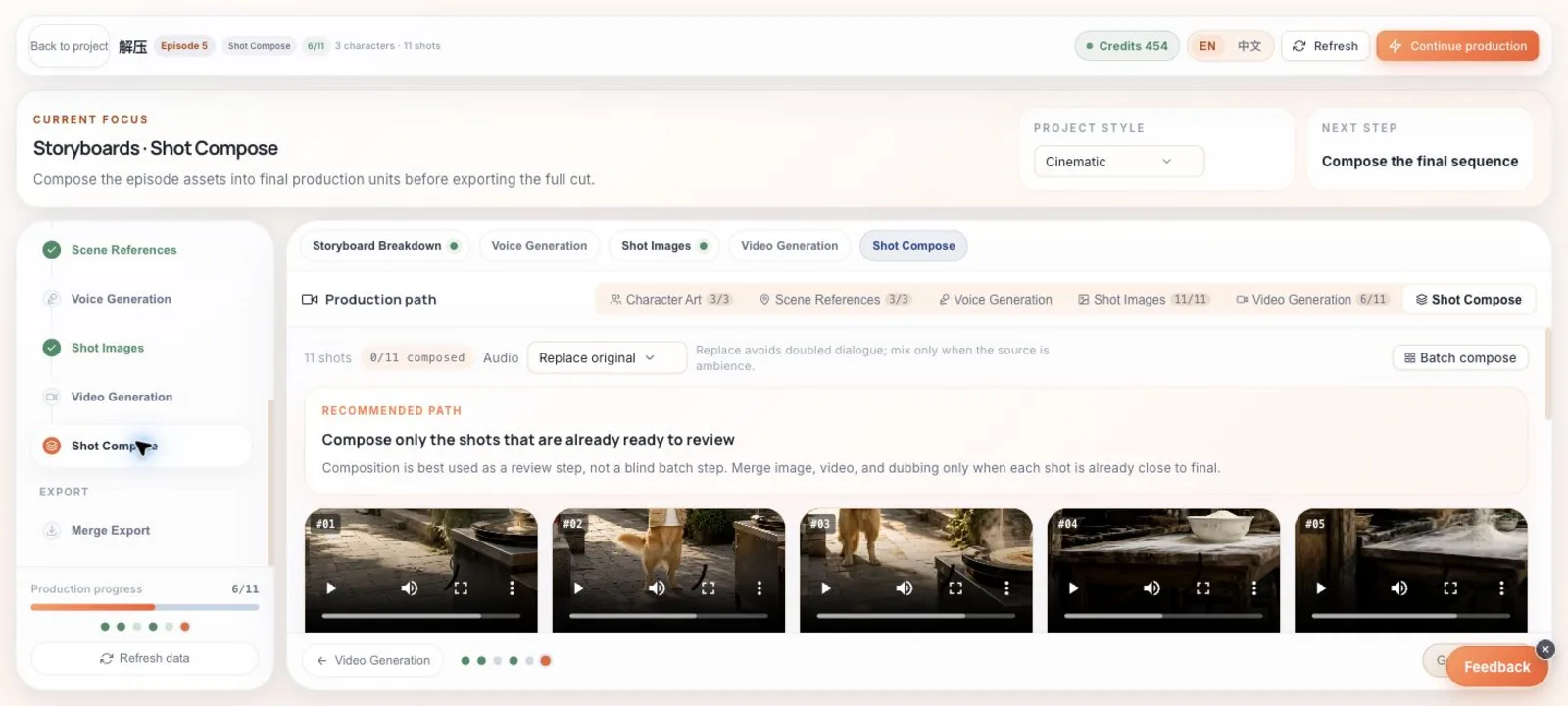 TrendShort Studio video composition step with audio strategy and per-shot compose actions